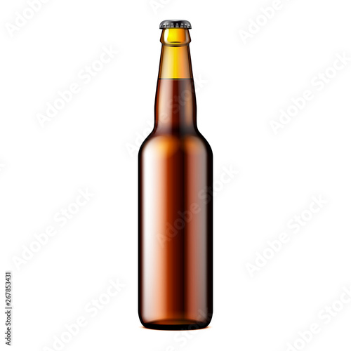 Glass Dark Brown Beer, Ale, Cider Bottle. Carbonated Soft Drink. Mock Up Template. Illustration Isolated On White Background. Ready For Your Design. Product Packaging. Vector EPS10