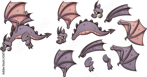 Flying cartoon dragon with different parts ready for animation clip art. Vector illustration with simple gradients. Some elements on separate layers.  