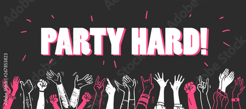 Vector party or concert flayer, invitation, banner, poster design template with crowd, human hands illustration and heading isolated on black background. Hand drawn sketch style, outline drawing.