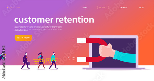Vector web page concept design, customer retention theme. People give star rating positive feedback, human hand, magnet. Landing page mobile app site template. Business illustration. Inbound marketing