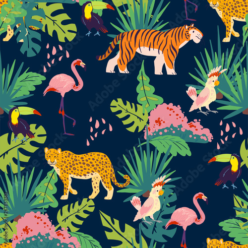 Vector flat tropical seamless pattern with hand drawn jungle plants and elements  animals  birds isolated. Toucan  flamingo  tiger. For packaging paper  cards  wallpapers  gift tags  nursery decor etc