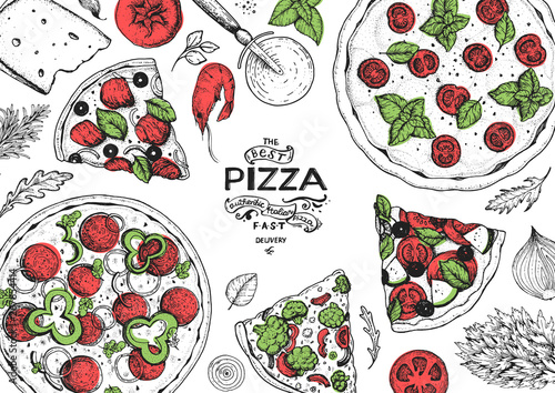 Italian pizza and ingredients top view frame. Italian food menu design template. Vintage hand drawn sketch, vector illustration. Engraved style illustration. Pizza label for menu.
