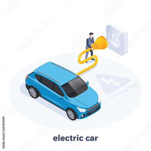 isometric vector image on a white background, a man in a business suit connects his car to the outlet, charging an electric car