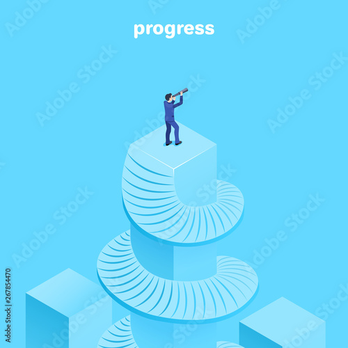 Isometric vector image on a blue background, a man in a business suit with a spyglass is standing on a high column of a chart, forecasting and research