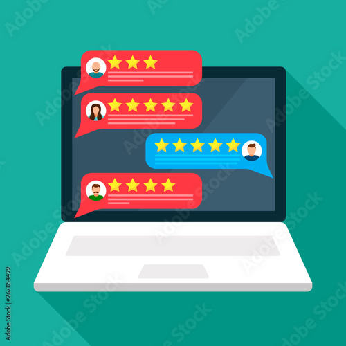 open laptop with an assessment of customer feedback on the quality of goods and services. user avatars. flat vector illustration