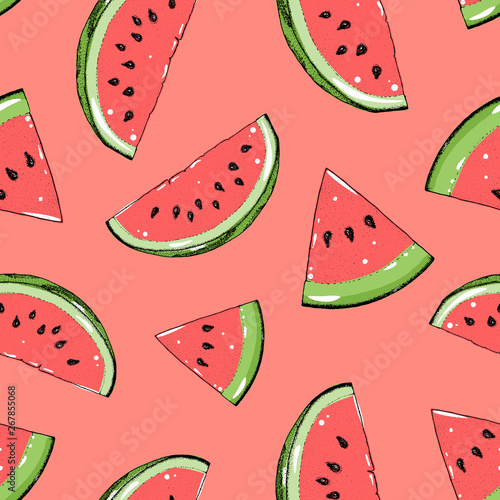 Watermelon seamless pattern. Hand drawn watermelon slice. Vector illustration. Vintage illustration.