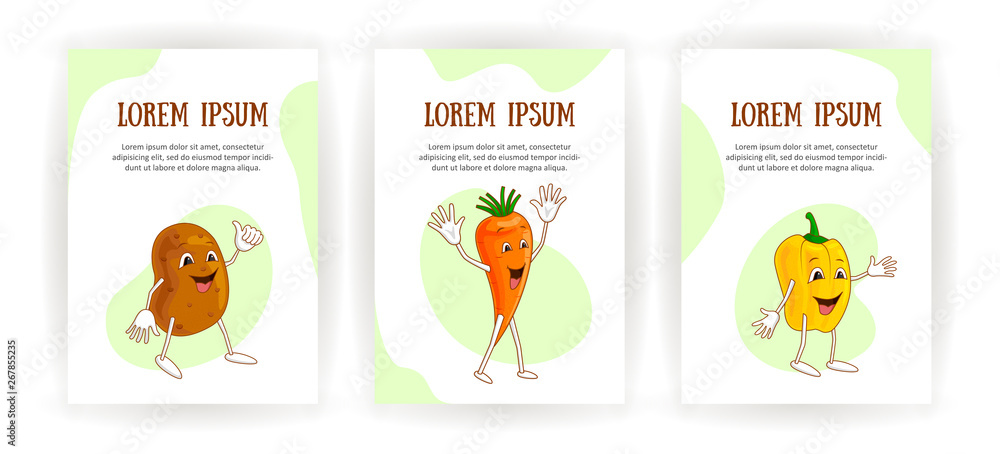 Set vertical banners cheerful emotional vegetables in cartoon style with outlines on white background. Ripe carrot, potato and paprika with a smile and open arms. Vector illustration