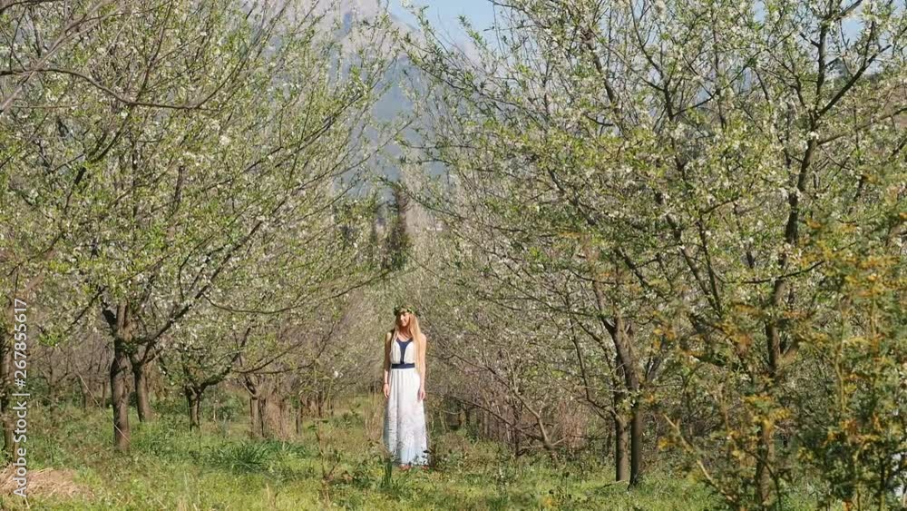 Young beautiful woman in long dress standing in spring blossom garden Young beautiful woman in long dress standing in spring blossom garden