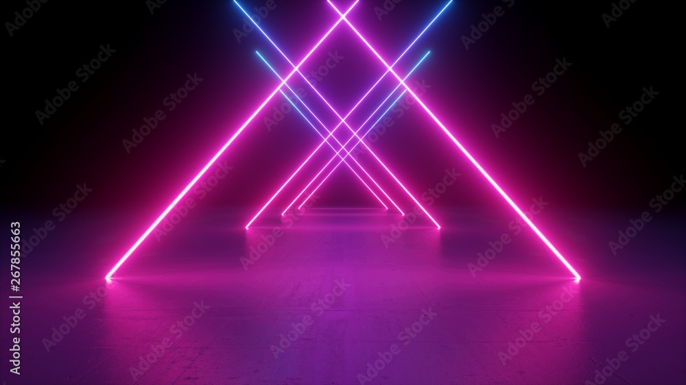 3d render, neon light rods, pink and blue lines, tunnel in virtual reality, triangular corridor, ultraviolet abstract background, laser show stage, fashion catwalk podium, road - obrazy, fototapety, plakaty 