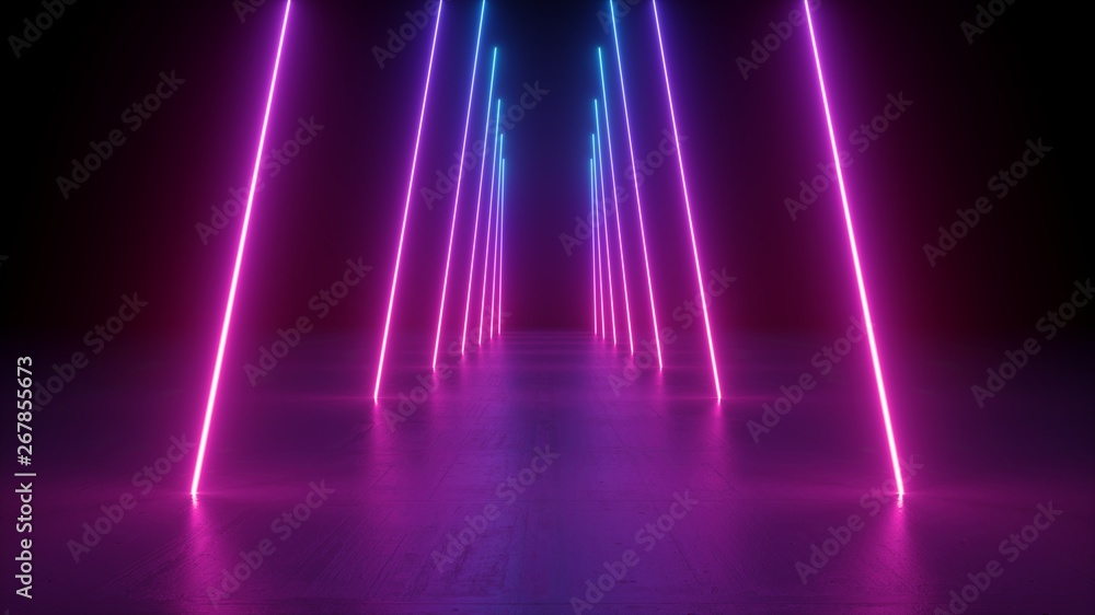 3d render, neon light rods, pink and blue vertical lines, tunnel