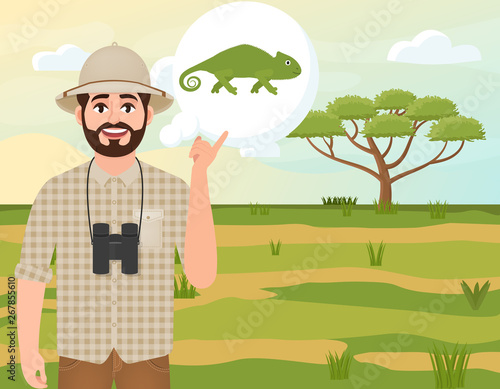 Happy man in cork hat, animal hunter thinks about chameleon, safari landscape, umbrella acacia, African countryside, vector illustration