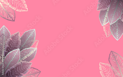 Tender pink rectangular background with bright wine and golden tropical leaves. Summer exotic leaf frame for birthday greeting cards, banner design, wedding decoration