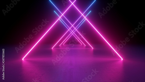 3d render, neon light rods, pink and blue lines, tunnel in virtual reality, triangular corridor, ultraviolet abstract background, laser show stage, fashion catwalk podium, road