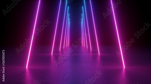 3d render, neon light rods, pink and blue vertical lines, tunnel in virtual reality, corridor, ultraviolet abstract background, laser show stage, fashion catwalk podium, road, way, floor reflection