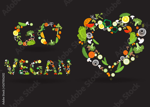 Heart of vegetable pattern with an inscription go vegan, for web and print decoration, vector illustration on black background