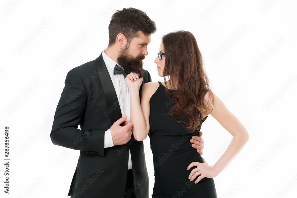 Man and woman elegant dressed ready for night out. Celebrate anniversary. Romantic couple wear formal clothes. Dinner at restaurant that requires reservations in advance. Couple in love romantic date Man and woman elegant dressed ready for night out. Celebrate anniversary. Romantic couple wear formal clothes. Dinner at restaurant that requires reservations in advance. Couple in love romantic date