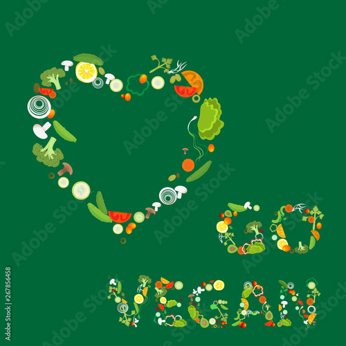 Heart of vegetable pattern with an inscription go vegan