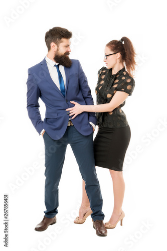 Flirting with boss. Man and woman business colleagues. Office flirt. Career company. Office couple. Flirting and seduction. Sexy secretary and manager cuddling. Dream job concept. Office job affair