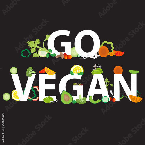Vegetables pattern with an inscription go vegan, for web and print decoration, vector , Healthy food, cartoon illustration