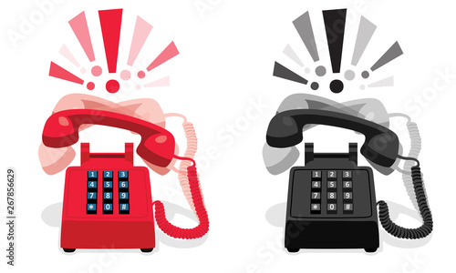 Ringing stationary retro phone with button keypad and with exclamation marks