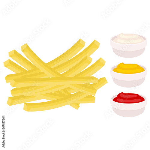 French fries with ketchup, mayonnaise and mustard sauces