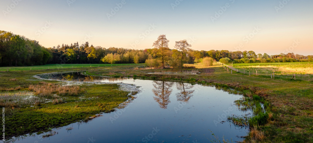 Fototapeta premium Calm river along a walking trail in a Dutch farm landscape during sunset. It is located near the small neighbourhood called Tusveld, near the town of Almelo in the Eastern Netherlands.