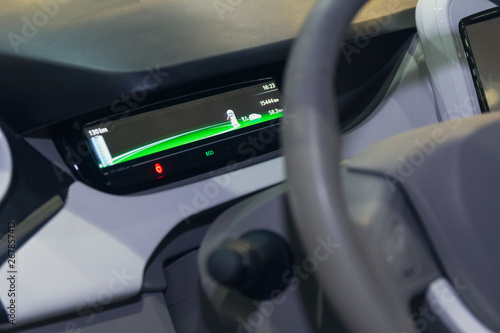 Dashboard and wheel of the electric vehicle close up. Transport © DmyTo