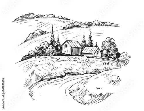 Rural landscape with farm. Hand drawn illustration converted to vector