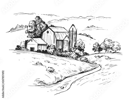 Rural landscape with farm. Hand drawn illustration converted to vector