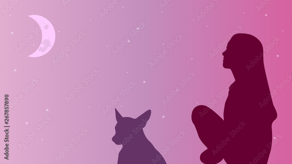 Girl and dog silhouettes on the pink starry sky background vector design