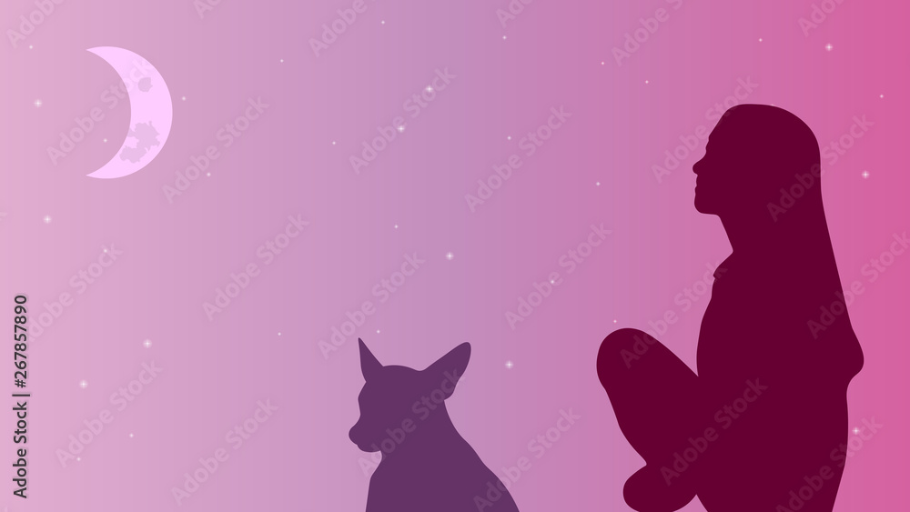 Fototapeta premium Girl and dog silhouettes on the pink starry sky background vector design