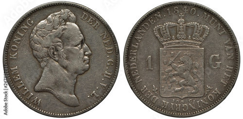 The Netherlands Dutch silver coin 1 one gulden 1840, head of King Willem right, crowned shield with crowned lion holding sword and bunch of arrows divides denomination, 