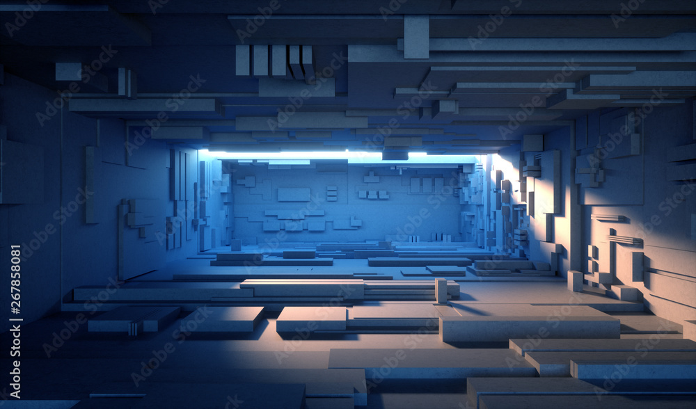 3d render, daylight inside empty dark room with concrete walls