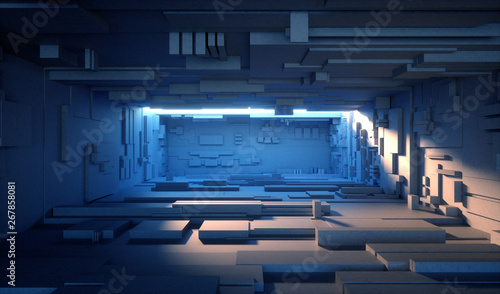 Fototapeta Naklejka Na Ścianę i Meble -  3d render, daylight inside empty dark room with concrete walls, abstract futuristic background