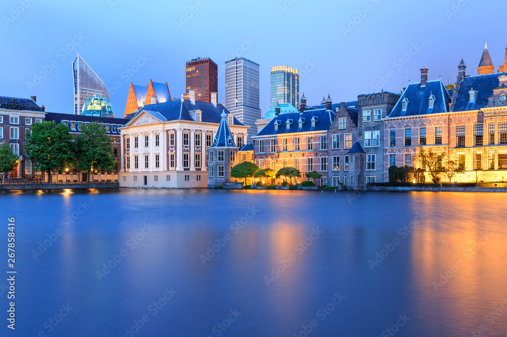 Cityscape of The Hague in the evening in The Netherlands.