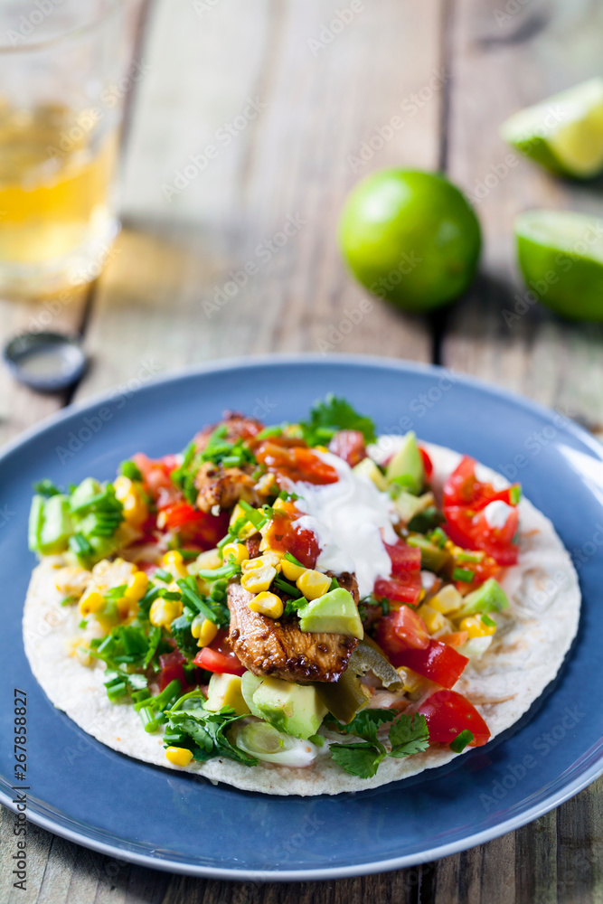 Soft tacos with fillet steak, sweetcorn, coleslaw, avocado and tomato salsa Soft tacos with fillet steak, sweetcorn, coleslaw, avocado and tomato salsa