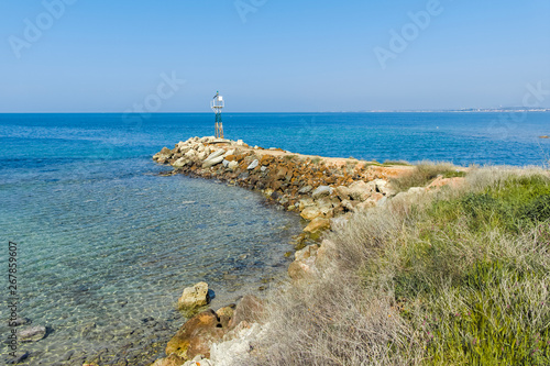 NEA POTEIDAIA, GREECE - MARCH 31, 2019: Panorama from Coastline of Nea Poteidaia, Kassandra, Chalkidiki, Central Macedonia, Greece