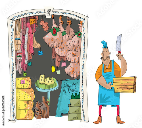 A traditional italian food  store full of sausages, bacon, cheese and others tradition delicious. A facade of a vintage grocery shop. Caricature. Cartoon.