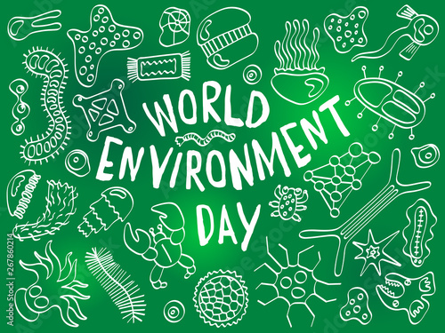 World environment day doodle. Various microorganisms background pattern. Backdrop with infectious germs, protists, microbes, disease causing bacteria, virus. Biodiversity plankton illustration