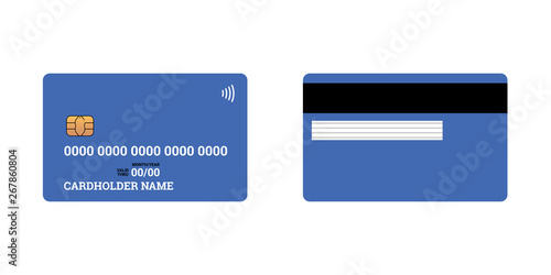 Bank plastic credit or debit contactless smart charge card front and back sides with EMV chip and magnetic stripe. Blank design template mockup. Vector blue illustration