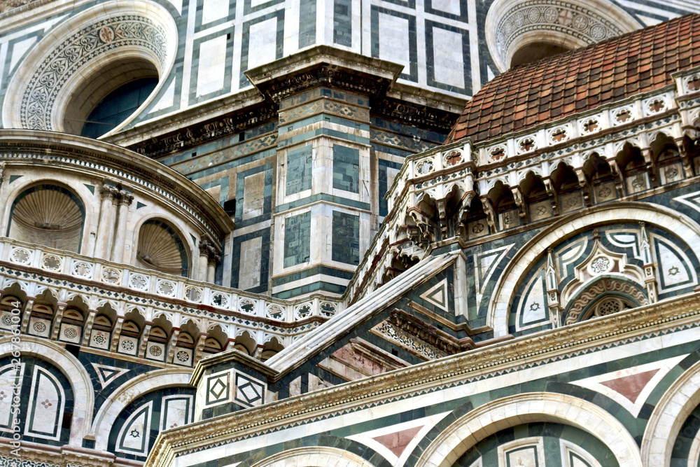 Details of facade of famous Duomo cathedral at Florence, Italy