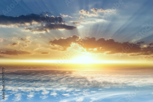  Beautiful heavenly landscape with the sun in the clouds . Paradise heaven .  light about the sky . above sky clouds . Above the clouds .
