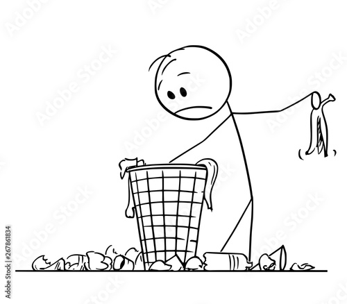 Vector cartoon stick figure drawing conceptual illustration of desperate man or businessman searching for something in trash in dustbin or scrap basket.