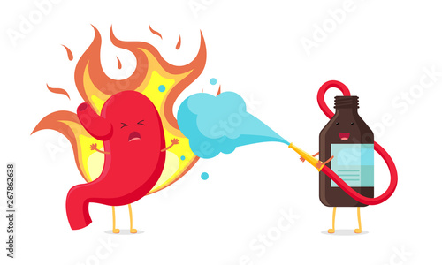 Cute cartoon stomach character burns from heartburn. Brown medicine bottle puts out a fire like firefighter. Vector organ digestive system nhealthy sick emoji sad emotion. Funny illustration