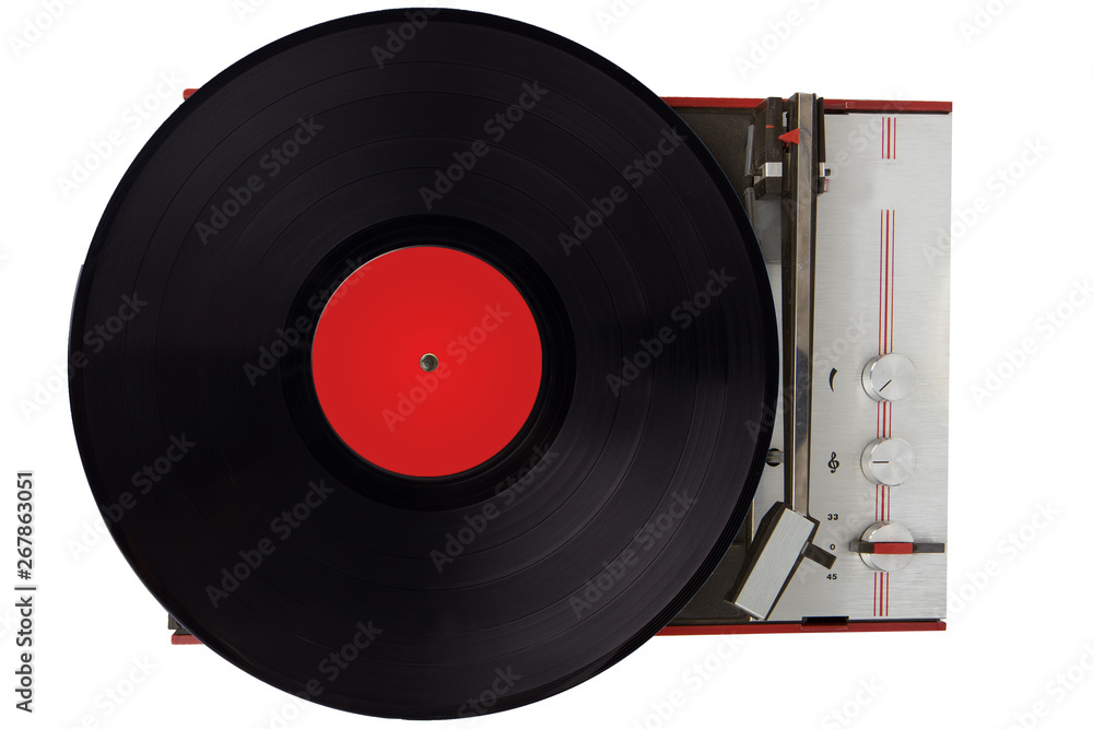 Obraz premium Vintage gramofon grający na winylu z bliska.