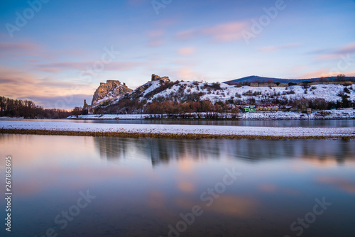 Photography Snow Covered Devin Castle Ruins above the Danube River in Bratislava, Slovakia a