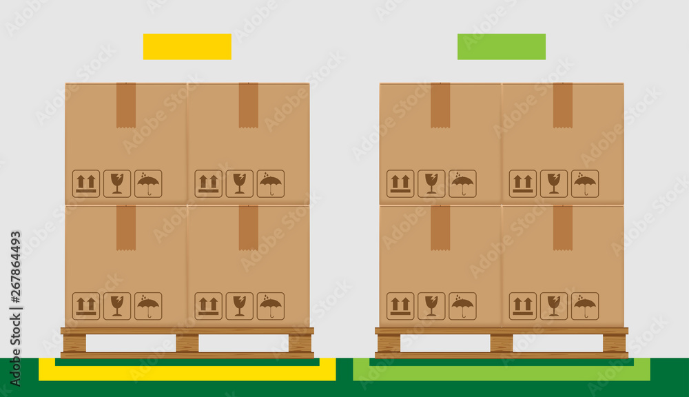 crate boxes on wooded pallet and green marking area for products arrangement concept, stack cardboard box in factory warehouse storage, cardboard parcel boxes packaging cargo brown isolated on grey crate boxes on wooded pallet and green marking area for products arrangement concept, stack cardboard box in factory warehouse storage, cardboard parcel boxes packaging cargo brown isolated on grey