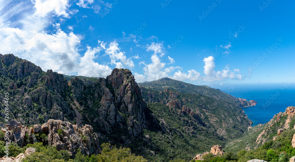 Panoramic view of Calanques de Piana natural landscape in Corsica, France.