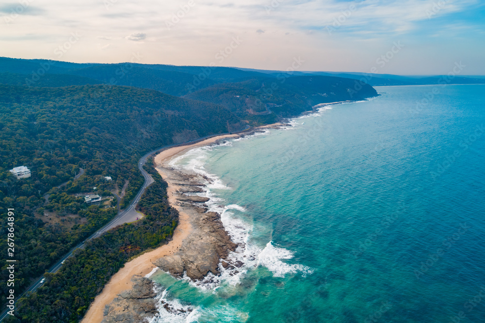 Aerial view of Ocean Coastline near Lorne, Victoria, Australia