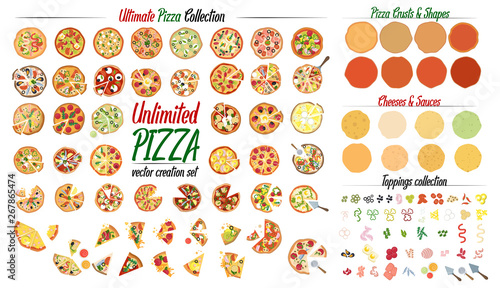 Ultimate Pizza collection set. Create your own pizza with 50 different pizza design and tons of toppings. Vector illustrations.